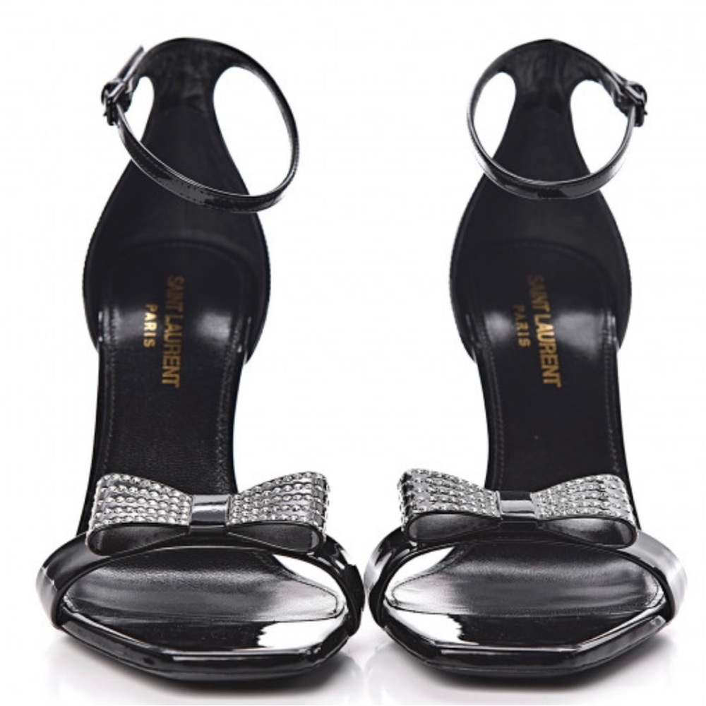 SAINT LAURENT
Patent Calfskin Crystal Amber Bow 85 Ankle Strap Sandals 41 Black - Picture 3 of 5